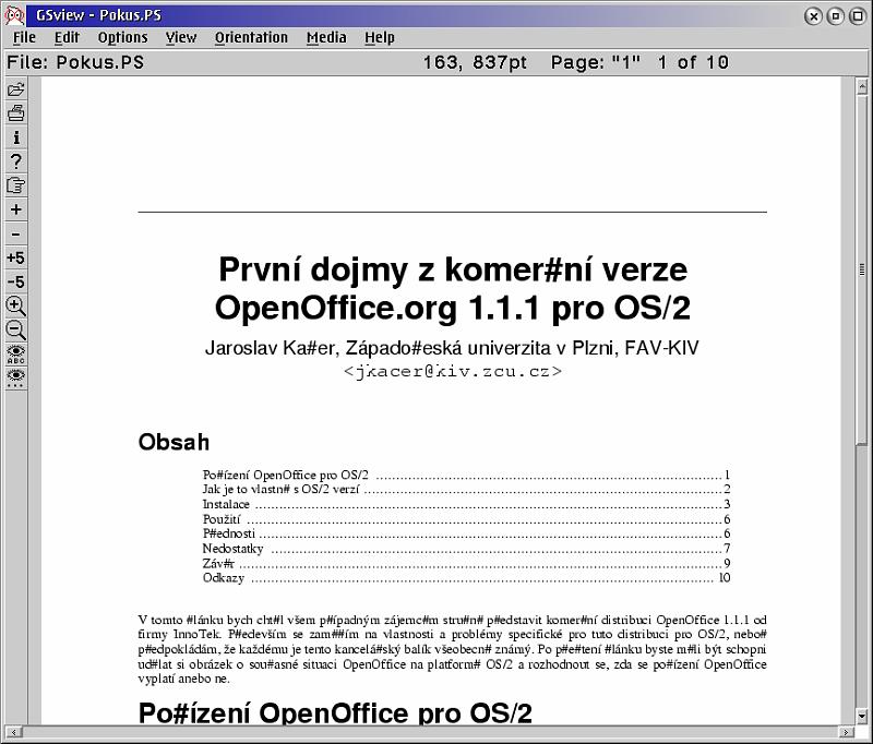 24.PNG - The resulting PostScript document displayed in GS View on OS/2. There are problems with Central-European characters that are not rendered correctly.